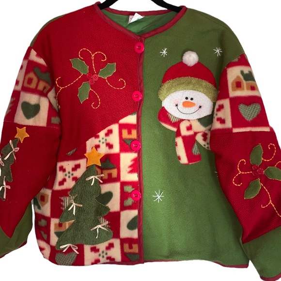 Ugly Christmas Sweater Sweaters - Christmas Ugly Sweater Button Down Jacket with Matching Scarf Santa Snowman Tree
